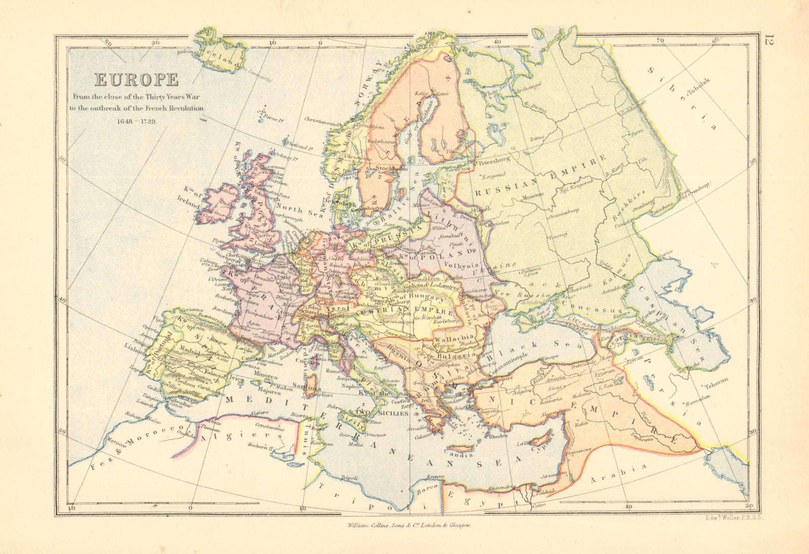 EUROPE 1648-1789. End of the Thirty years war to the French Revolution 1876 map
